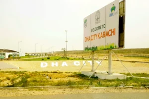 DHA City Karachi Welcome Sign at the entrance of the community right outside the Sector 3