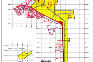 The map visually depicts the layout of Shuhada land plots, which are highlighted primarily in yellow and some areas in red, spread across several different sectors within DHA City Karachi.