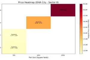 Plot price heatmap in Sector 8 DHA City Karachi increase significantly with larger plot sizes with the largest 2000 Square Yards plot in Sector 8B having the highest price