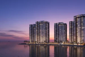 Dusk falls, and the world softens around the edges, bathed in twilight's glow at Emaar Towers in DHA Karachi Phase 8